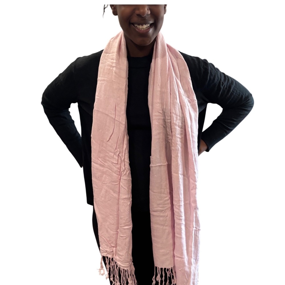 Pink Pashmina Style Scarf Lightweight Woven Shawl with Knotted Fringe Trim‎